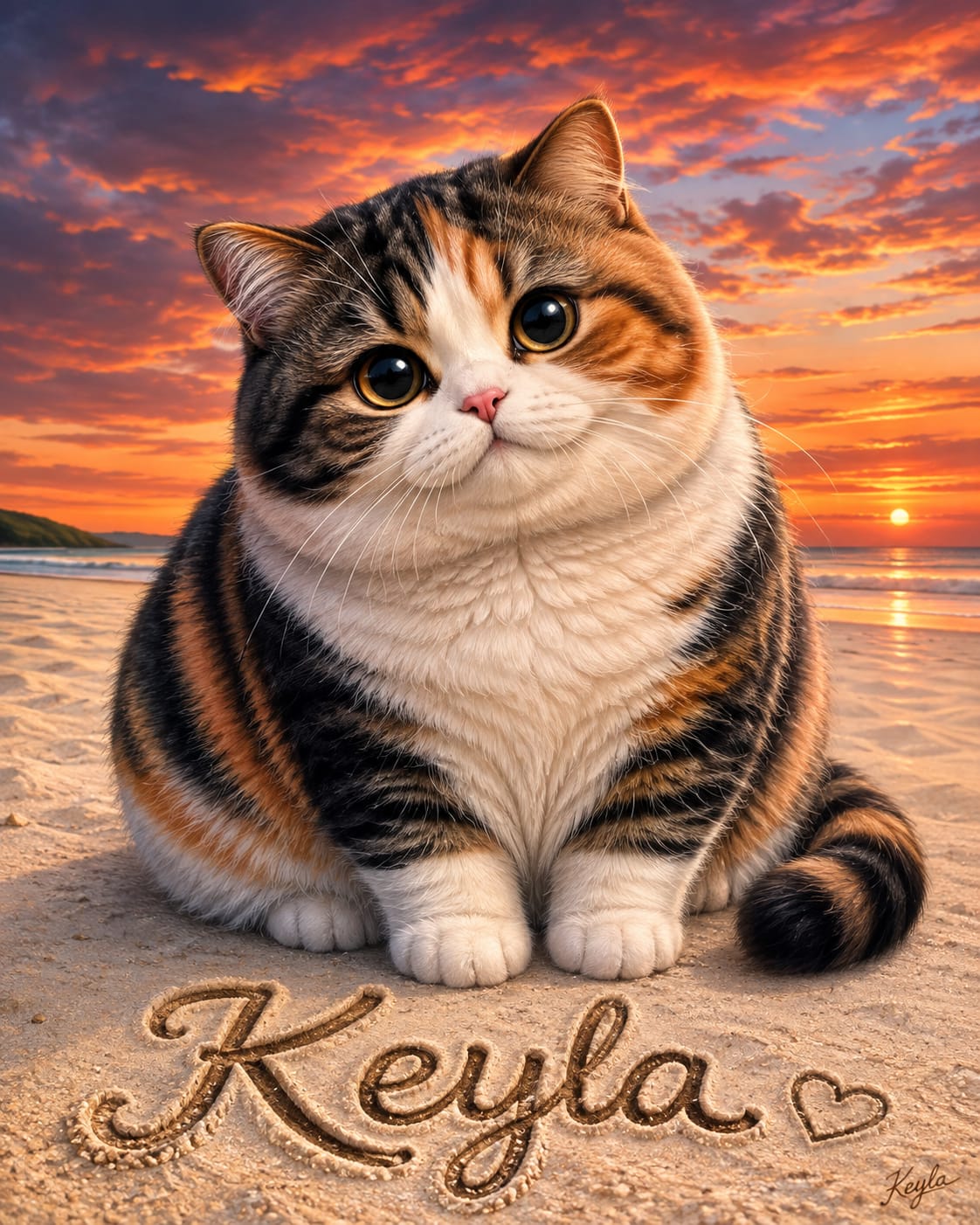 Lukisan kucing gemuk berbulu belang hitam, oranye, dan putih yang duduk di pasir pantai saat matahari terbenam, dengan guratan tulisan Keyla di atas pasir.