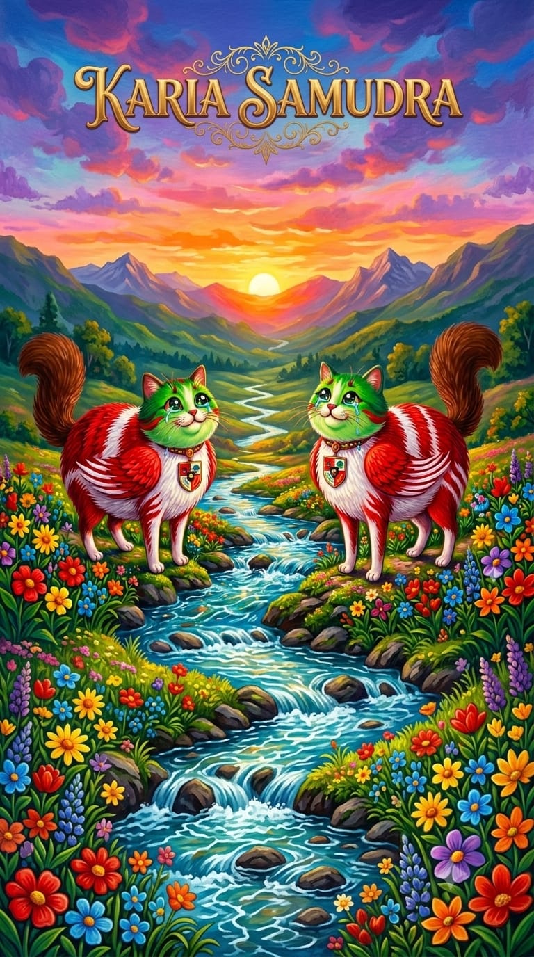 Lukisan dua kucing berbadan belang merah putih dan berwajah hijau di tepi sungai berlatar pegunungan senja, dengan tulisan Karia Samudra di bagian atas.