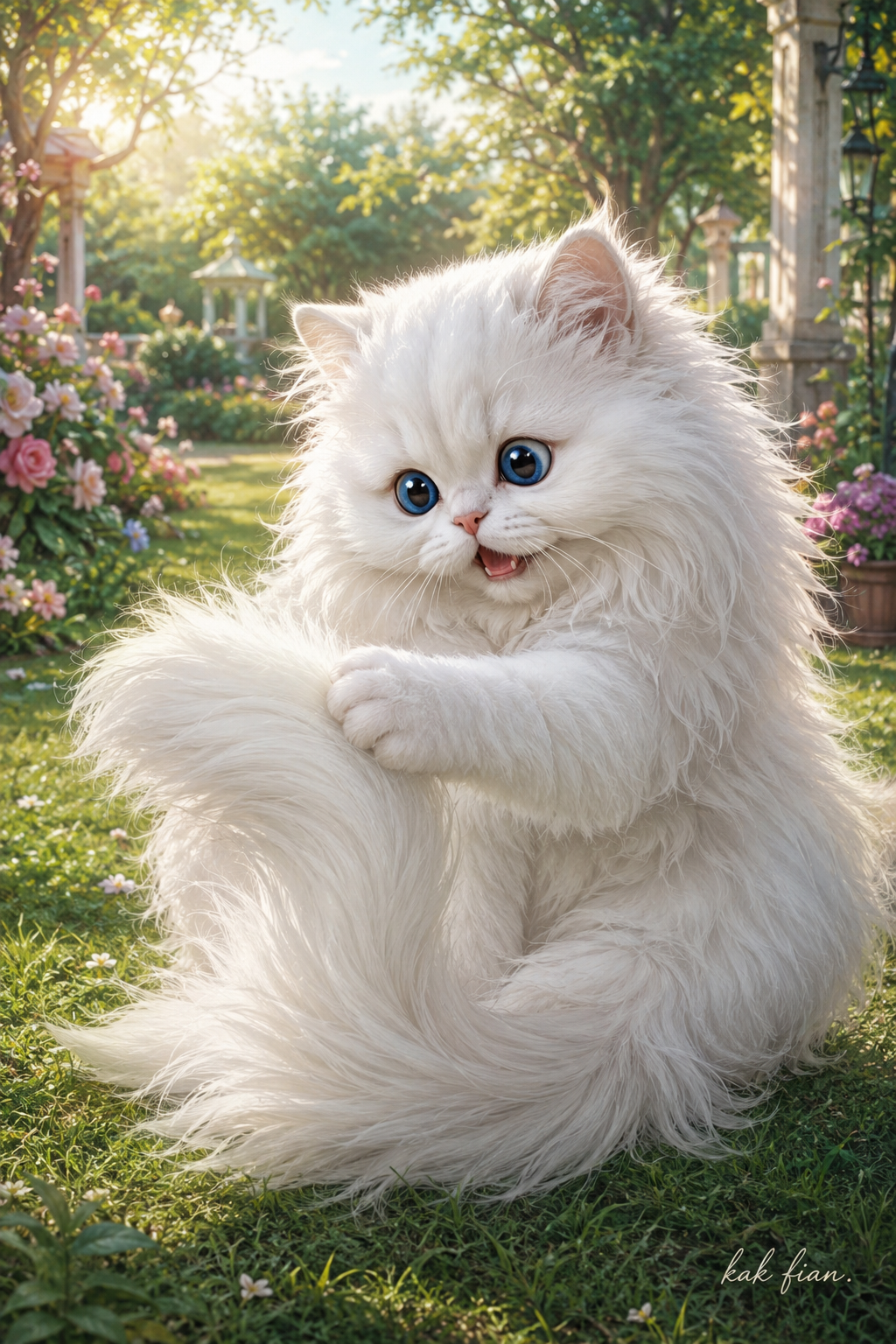 Lukisan kucing putih berbulu lebat dan bermata biru yang duduk di rumput taman sambil membuka mulut dan mengangkat satu kakinya, dengan tulisan kak fian di pojok kanan bawah.